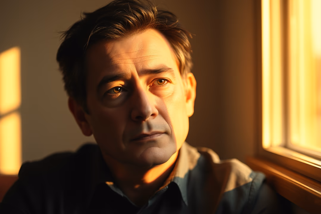 A contemplative man is sitting by a window, illuminated by warm sunlight.