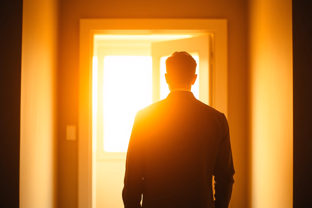 A man stands in a doorway, silhouetted by warm sunlight coming through, creating a glowing effect.